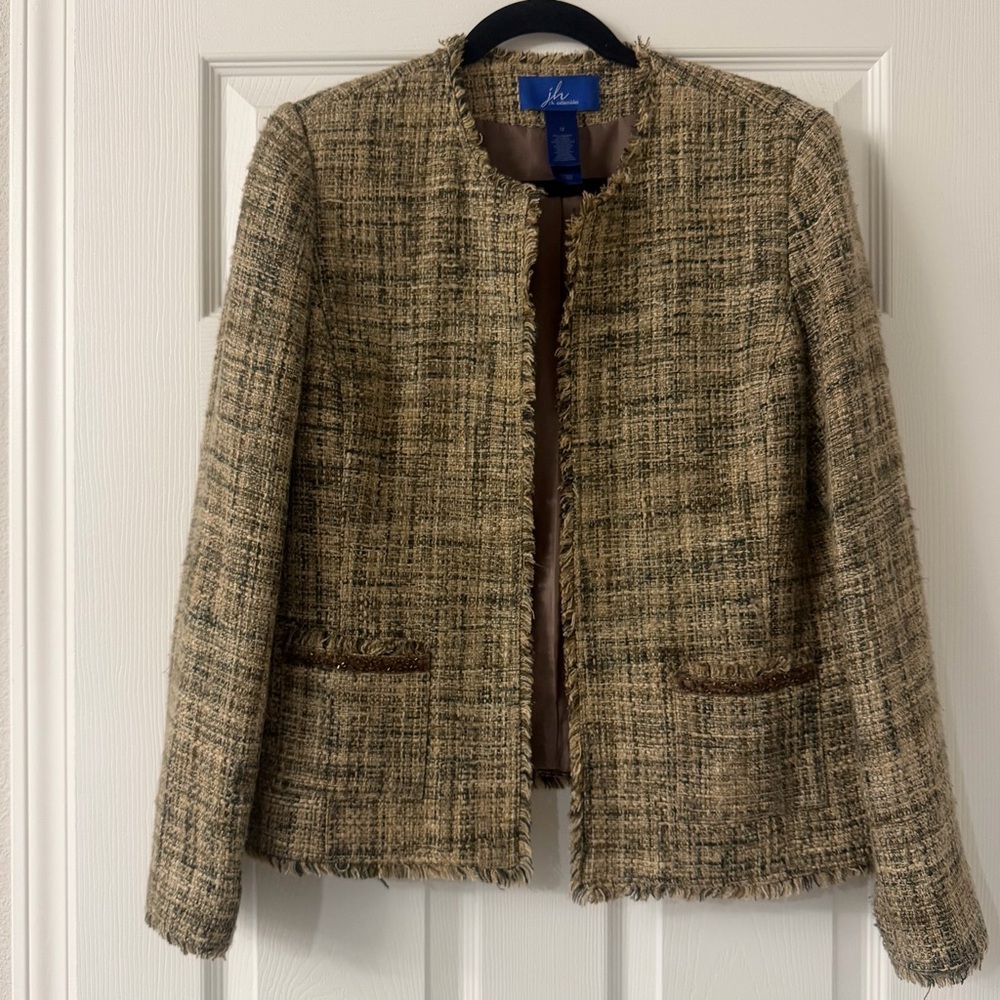 JH Collectibles Tan Brown Fringe-Trim Beaded Pockets Tweed Blazer Jacket